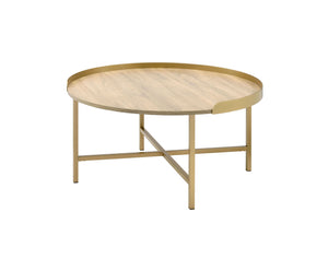 English Elm Mithea Round Oak & Gold Coffee Table – Contemporary Tray Top, Cross-Bar Metal Base, Durable MDF Finish B2726P281463