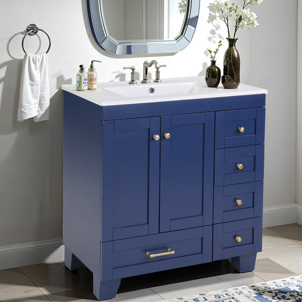 English Elm 30" Vanity with Ceramic Sink and Solid Wood Frame, Soft-Close Drawers, Compact Coastal Style, Durable Construction Blue W2896P344081