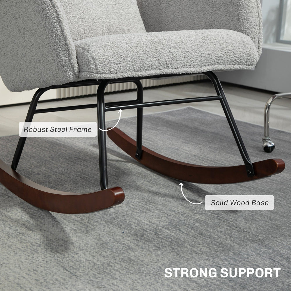 English Elm HOMCOM Boucle Rocking Chair with Headrest & Lumbar Pillow, High Back Plush Foam, Steel Frame, Light Gray W2225P249588