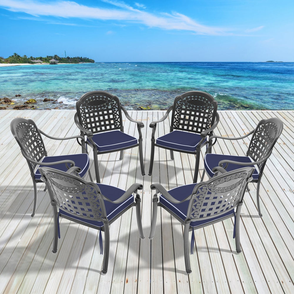 English Elm Cast Aluminum Patio Dining Chair Set Of 6 - Weather-Resistant With Blue Cushions For Outdoor Comfort W1710S00481
