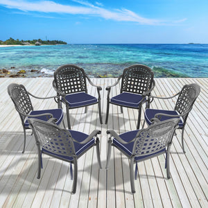 English Elm Cast Aluminum Patio Dining Chair Set Of 6 - Weather-Resistant With Blue Cushions For Outdoor Comfort W1710S00481