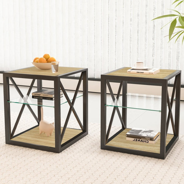 English Elm Set Of 2 Industrial Modern End Tables With Tempered Glass & Wood Top – Stylish Nightstands For Any Space W241P246917-GIGA