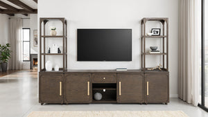 English Elm Transitional Vellara Entertainment Center Dark Walnut Finish 118"W x 78"H Recessed Panels, Gold Handles B2741S00692