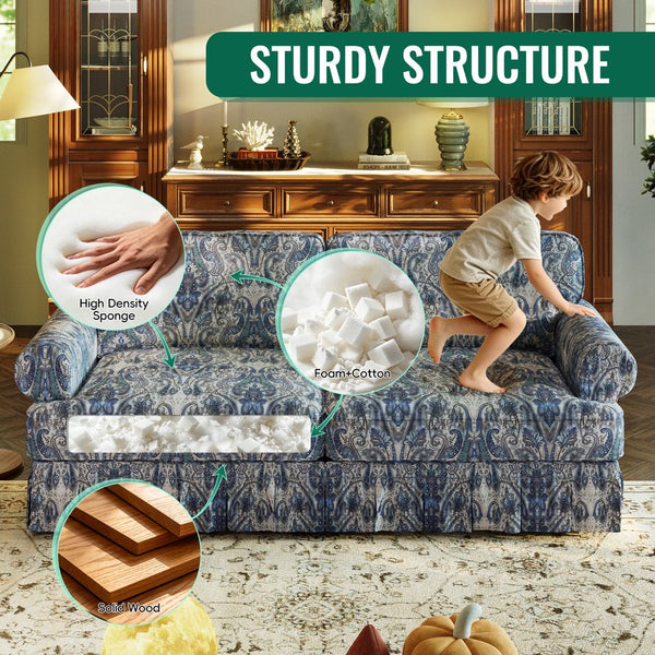 English Elm Luxuriously Deep Chenille Sofa with Pleated Skirt and Rolled Arms for Living Rooms Blue Floral W1885S00295