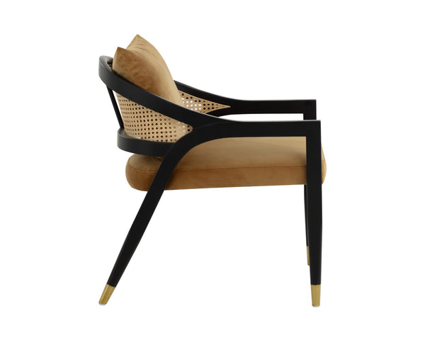 Sunpan KIRSTEN Lounge Chair - Coastal Chic Design with Rattan Back, Gold Sky Upholstery & Matte Black Frame 108716