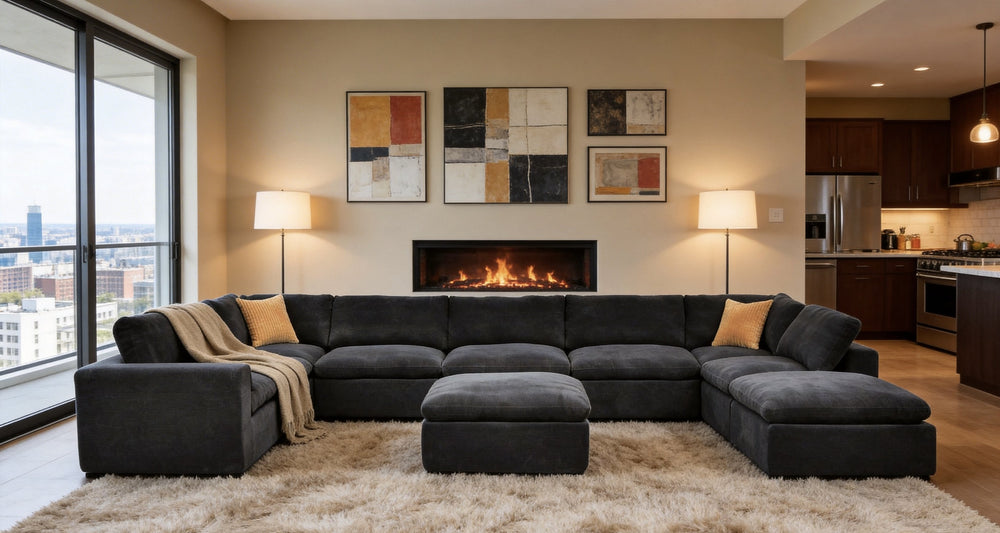 English Elm Coffee Bean Fabric Modular Sectional Sofa with Toss Pillows for Living Room B2748S00086