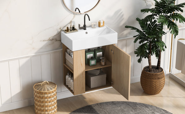 English Elm 21.6 Modern Floating Bathroom Vanity with Ceramic Basin, Wave Door, Rose Gold Handle, Space-Saving Wood N729P170390D