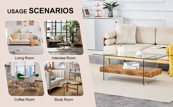 English Elm 40.3-inch Retro Double-Layer Coffee Table with Tempered Glass Shelves, Wood-Grain Finish, 250lb Capacity W1512P317685