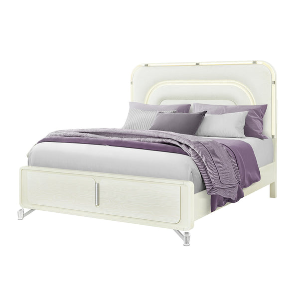 English Elm Nora Solid Wood King Bed with LED Headboard, Contemporary Geometric Legs and Rounded Edges Beige 88.5 L x 10.08 W x 3.15 H B201S00444