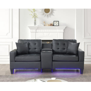 English Elm PVC Tufted Upholstered Sofa with LED Lights, USB Charging, Storage Console & Cupholders for Modern Living Room Comfort and Style B016S00048