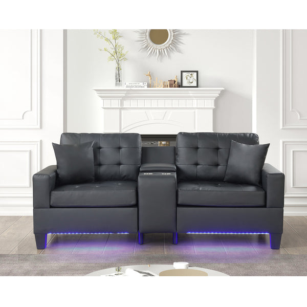 English Elm PVC Tufted Upholstered Sofa with LED Lights, USB Charging, Storage Console & Cupholders for Modern Living Room Comfort and Style B016S00048