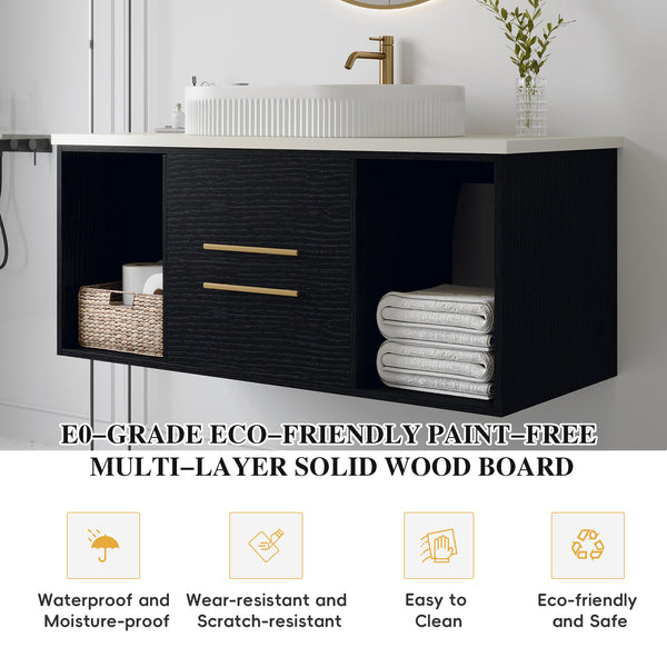 English Elm 39.4 Inch Floating Bathroom Vanity Sintered Stone Top Solid Wood 2 Soft Close Drawers W3136S00076