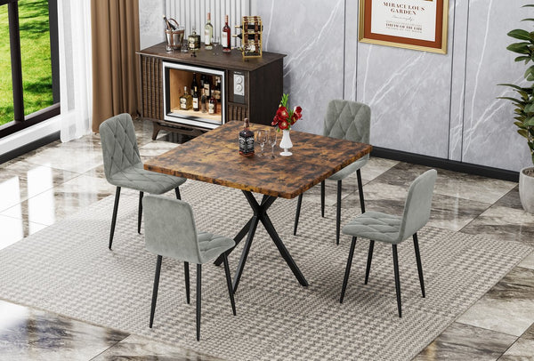 English Elm Square Mid Century Dining Table with Faux Marble Top, Waterproof Scratch-Resistant MDF Surface, Durable Iron Frame for Compact Kitchens and Stylish Small Dining Rooms Brown W578P242964