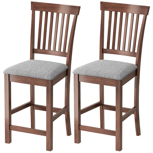 English Elm High Back Counter Stools Set of 2 Rubberwood Frame with Gray Linen Cushioned Seat T3971P476361