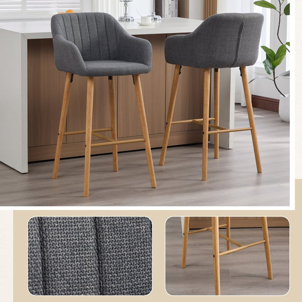 English Elm Modern Linen Upholstered Barstools with Oak Legs Armrests and Footrest for Kitchen Islands Gray W395P396316