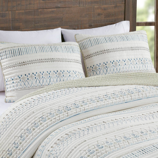 English Elm 3 Printed Microfiber Seersucker Quilt Set Reversible Diamond Channel Quilting Antimicrobial Full/Queen Taupe+Blue 17.72 L x 15.35 W x 6.69 H B03597654