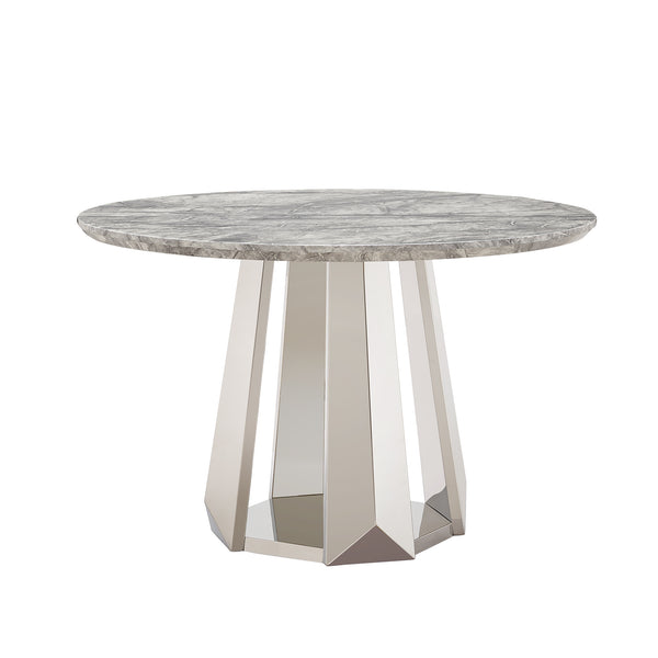 English Elm 47" Round Marble Dining Table - Elegant High Gloss Faux Marble Top & Durable Stainless Steel Base W3456S00008