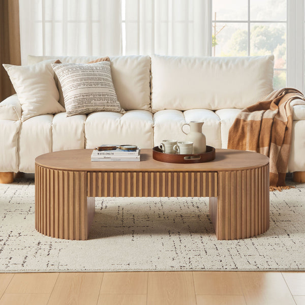 English Elm 51.18'' Oval Mdf Coffee Table with Hidden Drawer Mid-century Pedestal Base Oak W876P370282