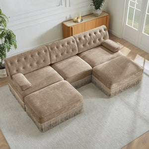 English Elm U Shaped Modular Sectional Sofa Chesterfield Tufted Velvet with Tassel Fringe Skirt Camel W714S01698