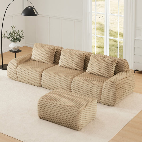English Elm 114" Modular L-shaped Sectional Flannelette Sofa with Ottoman for Spacious Living Rooms Light Camel W714S01512