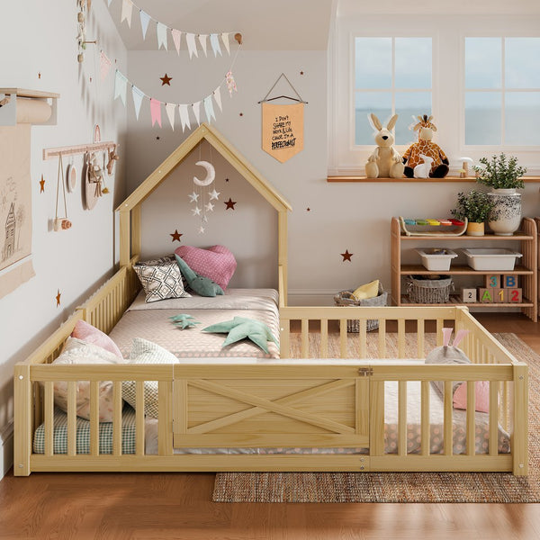 English Elm Twin House Floor Bed with Door & Full-Length Guardrails, Solid Wood Twin Loft Alternative for Kids Natural W1580P327129