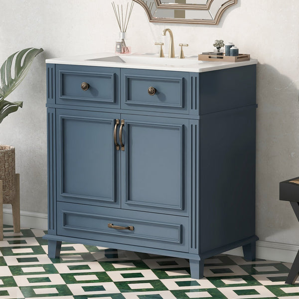 English Elm 30'' Bathroom Vanity with Sink - Retro Solid Wood Frame, Ceramic Basin, Soft-Close Doors & Ample Storage Blue N710P190656C
