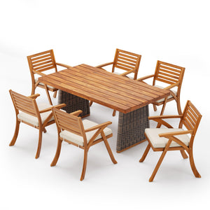 English Elm Christopher Knight Home® - Outdoor 7-Piece Acacia Wood Dining Set With Plush Cream Cushions & Handwoven Grey Rattan Legs N773OD00044G