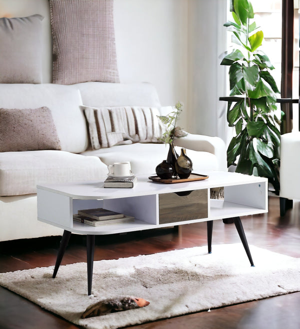 English Elm Halima Modern White & Black Coffee Table with Drawer, 2 Open Shelves, Metal Legs, Durable Finish B2726P287756