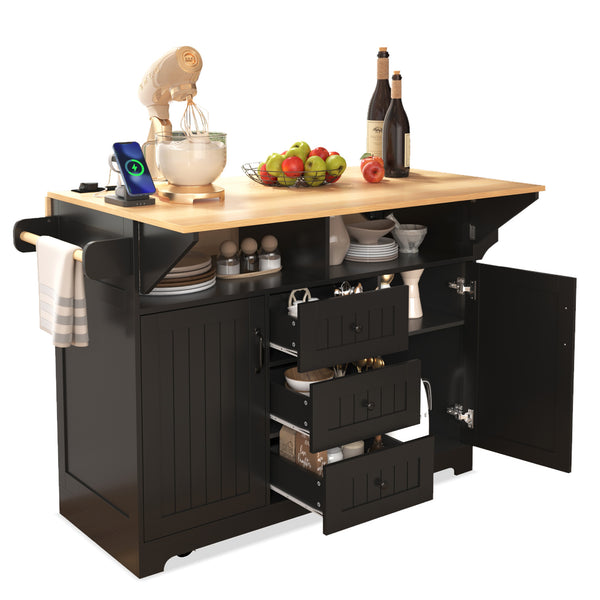 English Elm K&K Convertible 55.7" Folding Kitchen Island Cart with Power Outlet, Spice Rack, 5 Wheels, Multi-Use Black N707P186617B