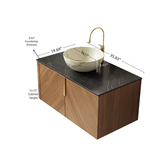 English Elm Dina Floating Bathroom Vanity Sintered Stone Top Glass Basin Striped Plywood Cabinet W2615S00546