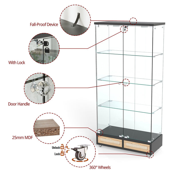 English Elm Modern Glass Display Cabinet With Led Lights, 4 Shelves & Drawers - Stylish Furniture For Collectors W241S00057