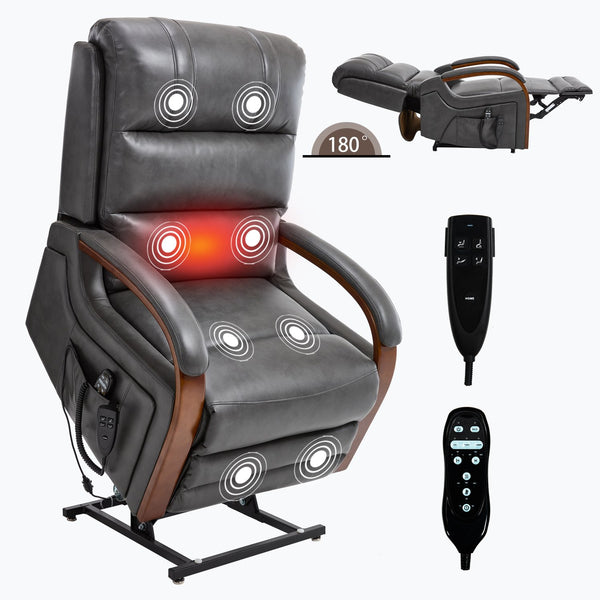 English Elm Power Lift Recliner with Dual Motor Heat Massage Leatheraire and Solid Wood Arms W1803S00081