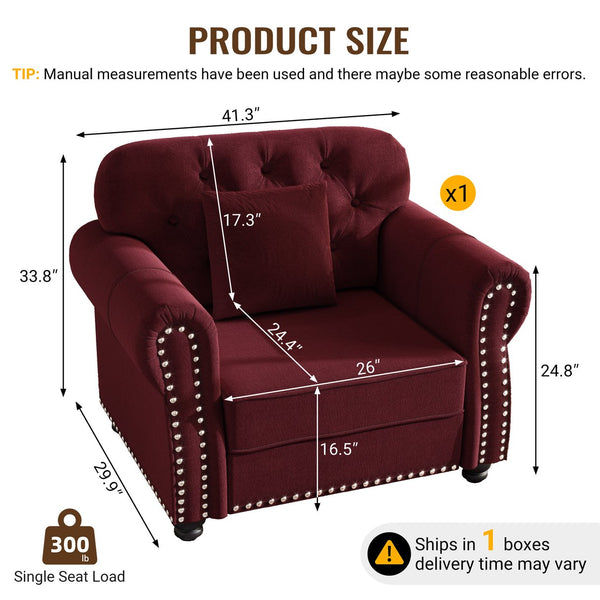 English Elm 41.3"upholstered Velvet Single Seat Sofa Button Tufted Nailhead Trim Mid-century Chesterfield Burgundy W1885P448722