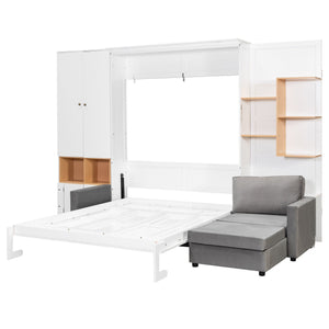 English Elm Queen Murphy Wall Bed with Velvet Sofa Built in Shelves Cabinets and Reading Lights White LP000393AAK