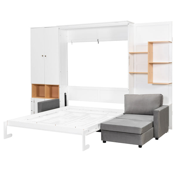 English Elm Queen Murphy Wall Bed with Velvet Sofa Built in Shelves Cabinets and Reading Lights White LP000393AAK