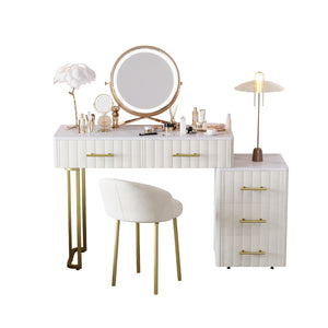 English Elm Velvet Upholstered Vanity Desk Set with Marble-Look Top, Padded Chair, 5 Spacious Drawers & Gold Accents Beige 17.5 L x 16.3 W x 16.1 H N733S272606A