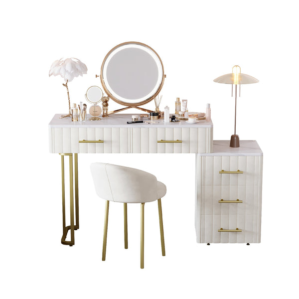 English Elm Velvet Upholstered Vanity Desk Set with Marble-Look Top, Padded Chair, 5 Spacious Drawers & Gold Accents Beige 17.5 L x 16.3 W x 16.1 H N733S272606A