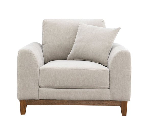 English Elm Mid-Century Walnut Trim Accent Chair with Tapered Legs, Soft Track Arms & Light Gray Upholstery, Throw Pillow Included B2741P396717