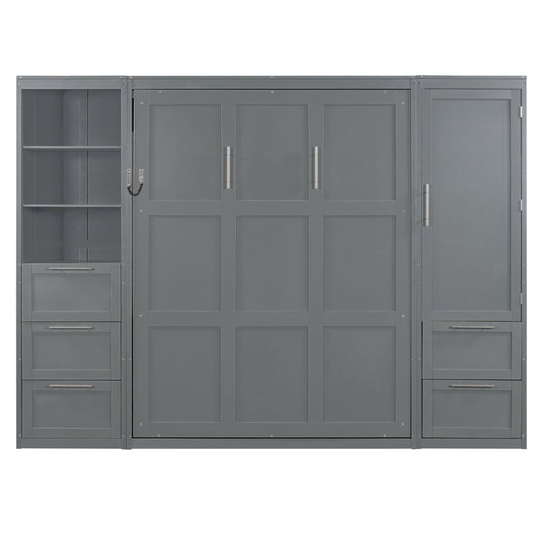 English Elm Queen Murphy Wall Bed with Wardrobe Drawers and Shelves for Studio or Guest Room Gray LP000865AAE-1