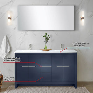 English Elm Navy Blue Double Bath Vanity Set With Cultured Marble Top, Brushed Nickel Faucet & 55" Mirror Included B2731S01726