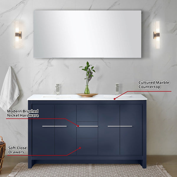 English Elm Navy Blue Double Bath Vanity Set With Cultured Marble Top, Brushed Nickel Faucet & 55" Mirror Included B2731S01726
