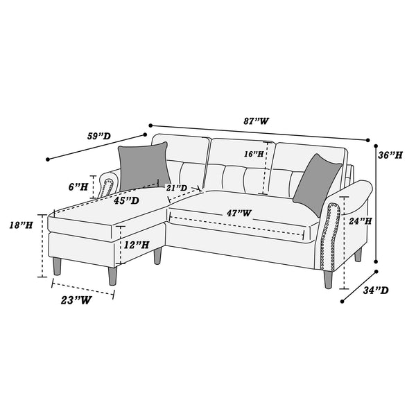 English Elm Reversible Tufted Velvet Sectional Sofa with Reversible Chaise, Nailhead Trim and Accent Pillows Tan 34 L x 88 W x 23 H B089P389527