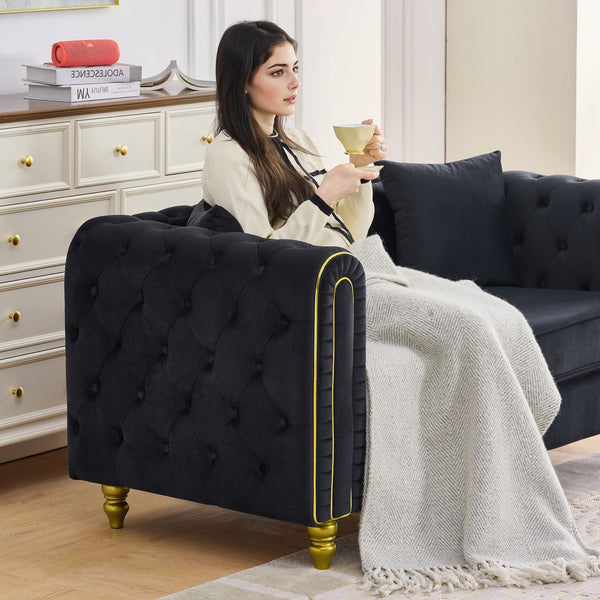 English Elm 86" Chesterfield Velvet Three Seat Sofa Button Tufted Rolled Arms Gold Legs Living Room Black W3373S00078
