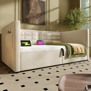 English Elm Upholstered Twin Daybed with Hydraulic Storage, Velvet Tufted Sofa Back, USB & Type-C Charging Port Beige N736P303402B