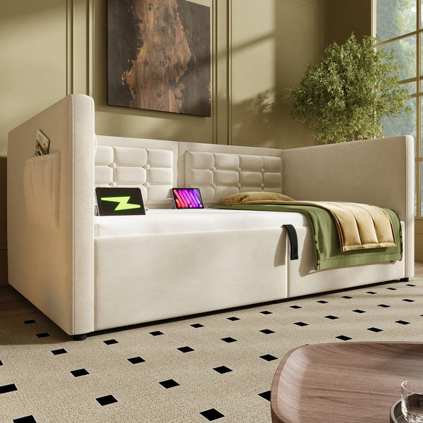 English Elm Upholstered Twin Daybed with Hydraulic Storage, Velvet Tufted Sofa Back, USB & Type-C Charging Port Beige N736P303402B