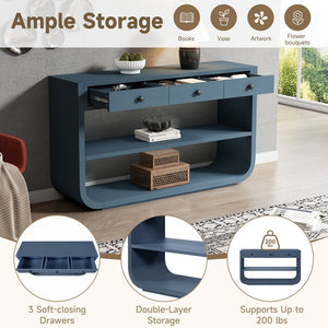 English Elm [video] Sculptural Console Table Pine Wood Curved Legs Soft-close Drawers Open Shelving Entryway Blue N759P433560C
