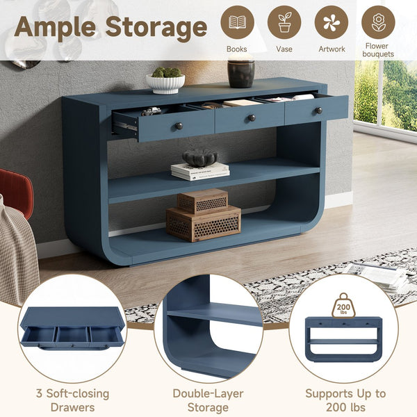 English Elm [video] Sculptural Console Table Pine Wood Curved Legs Soft-close Drawers Open Shelving Entryway Blue N759P433560C