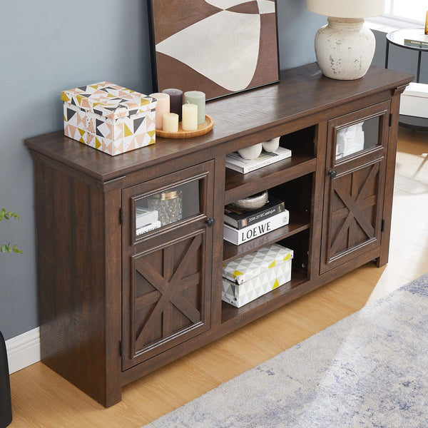 English Elm 2 Door Farmhouse Media Console with Glass Cabinet Panels and Open Shelving for Living Rooms W2275P389693