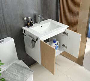 English Elm Goodyo 24" Wall-Mount Floating Bathroom Vanity Cabinet with Soft-Close Doors Stainless Towel Rack Yellow+White D163120297