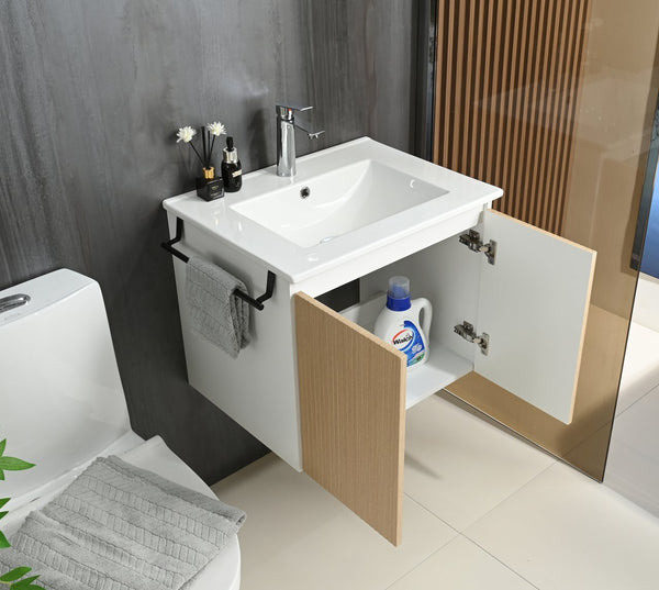 English Elm Goodyo 24" Wall-Mount Floating Bathroom Vanity Cabinet with Soft-Close Doors Stainless Towel Rack Yellow+White D163120297